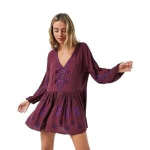 Free People Boho Arianna Embroidered Tunic Dress 3/4 Sleeve Purple Pink Size L